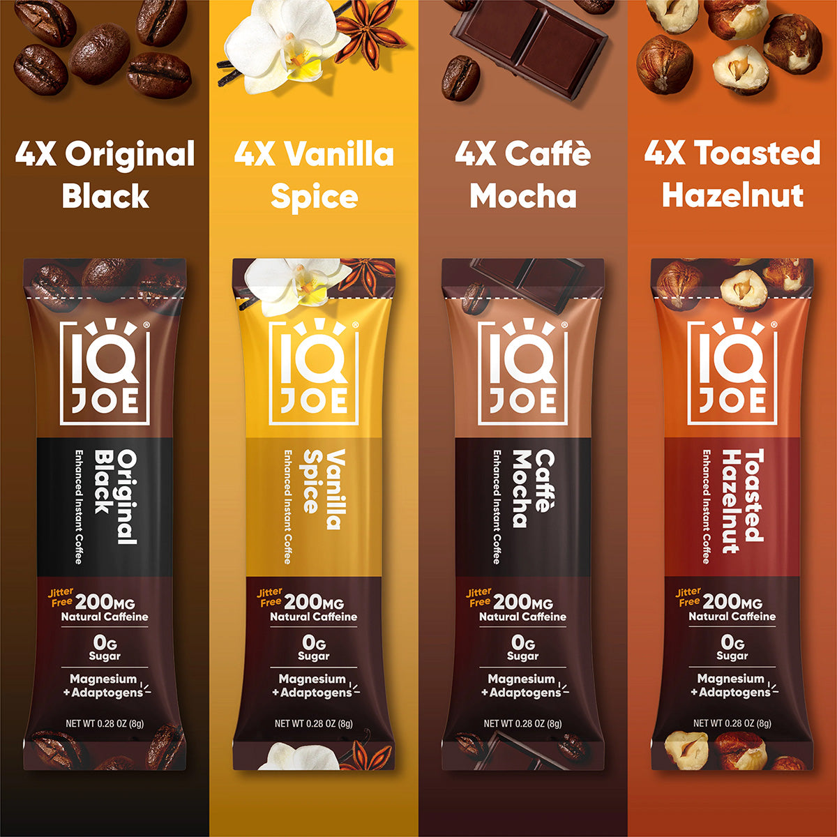 IQJOE Sampler Pack Mushroom Coffee with 4 Flavors: Original Black, Vanilla Spice, Caffe Mocha, Toasted Hazelnut.